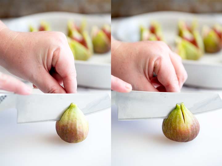 split picture showing how to cut a cross in the top of a fig