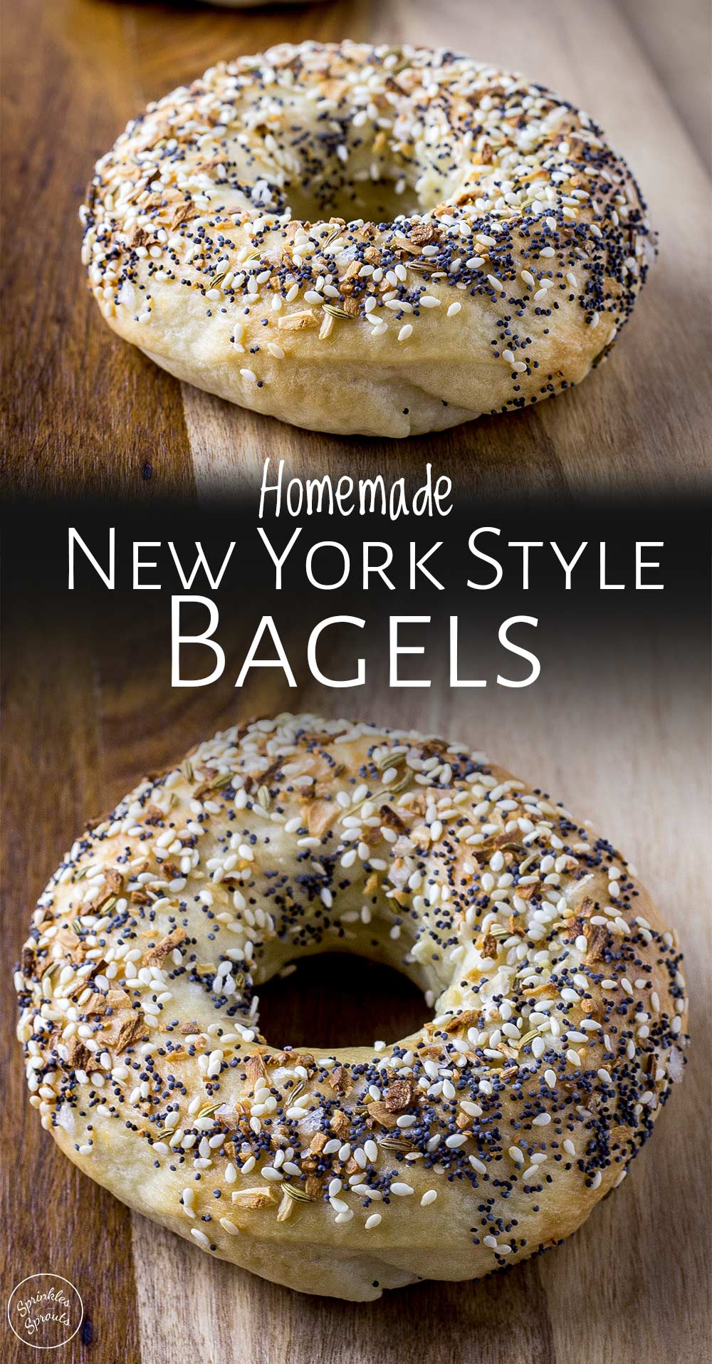 two pictures of bagels with text between them