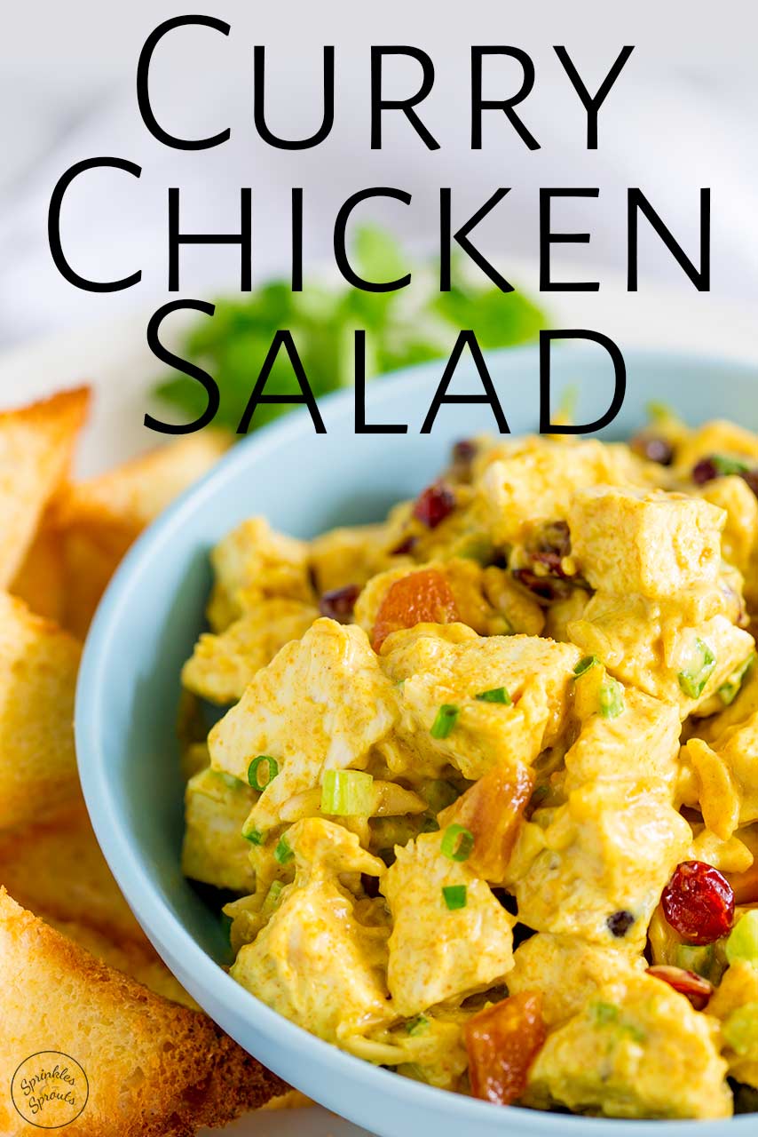 overhead of curry chicken salad with text at the top