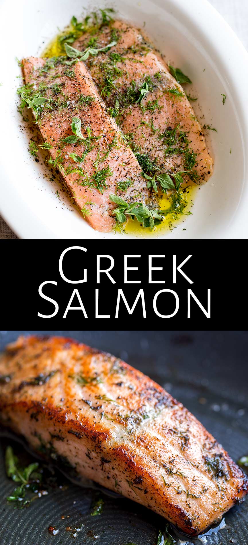 two pictures of greek salmon with text in the middle