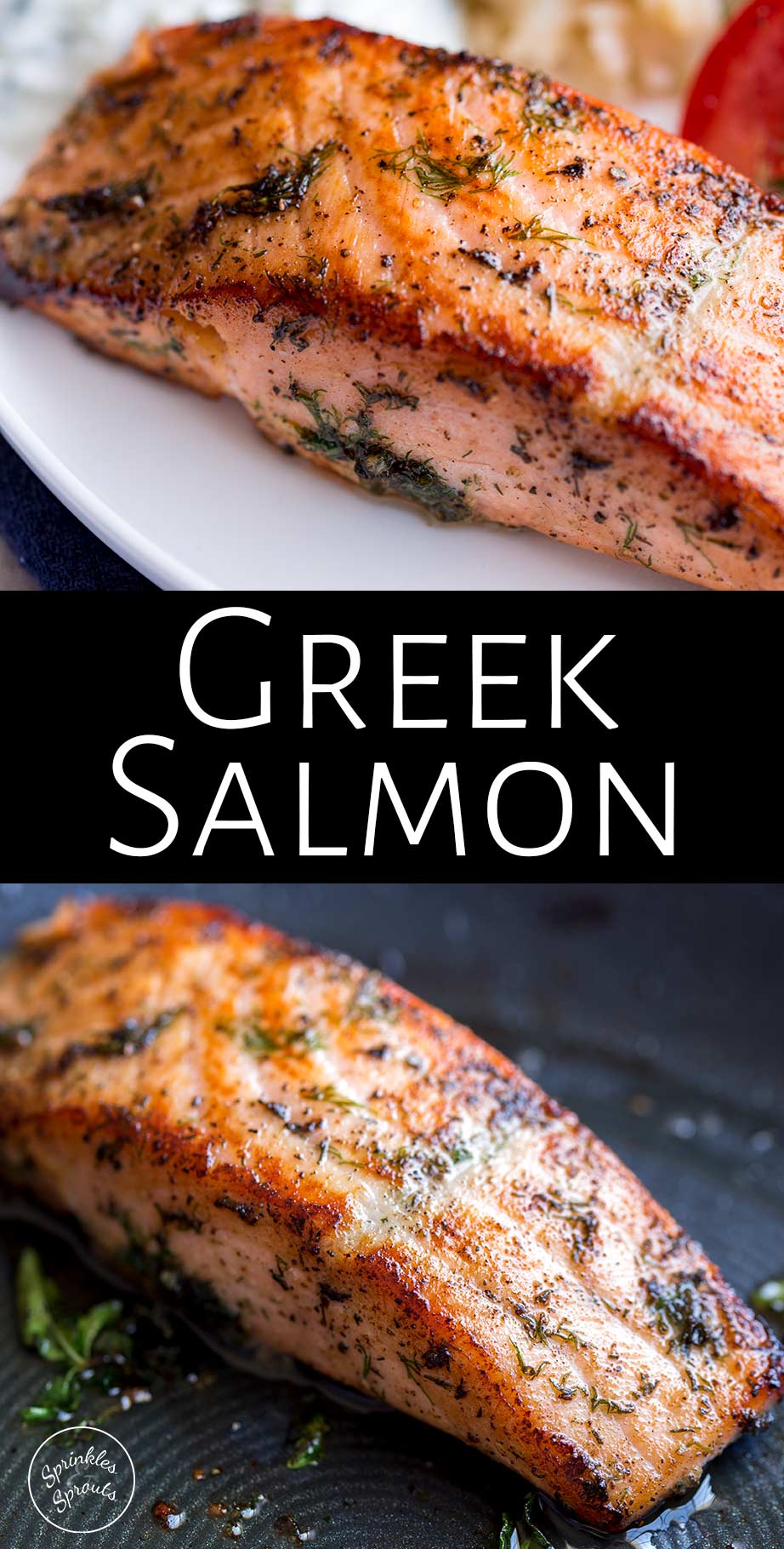 two cooked salmon pictures with text between them