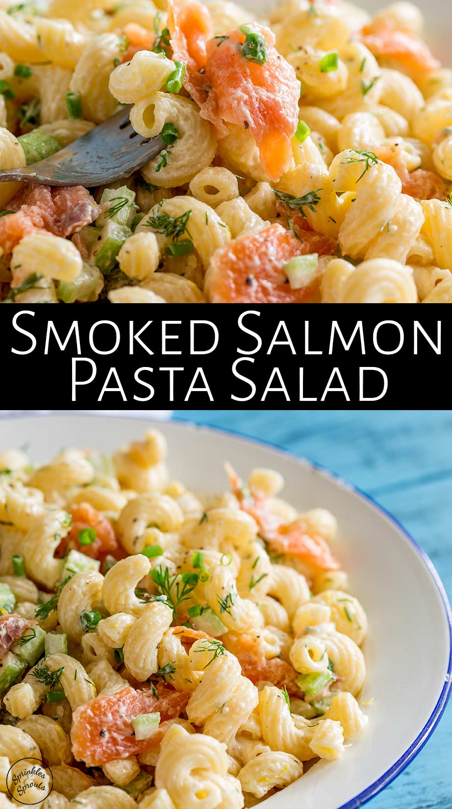 two pictures of smoked salmon pasta salad with text in the middle