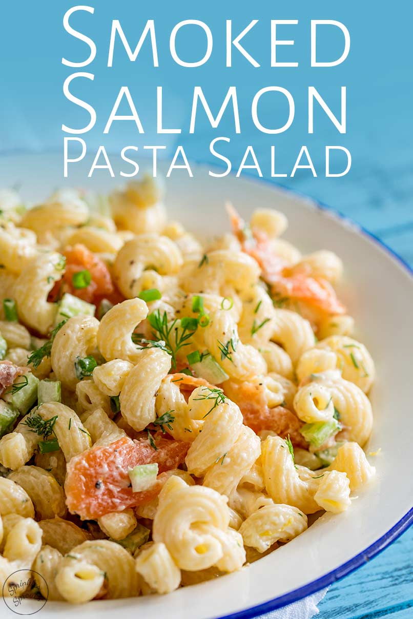 a white bowl of pasta salad with text at the top