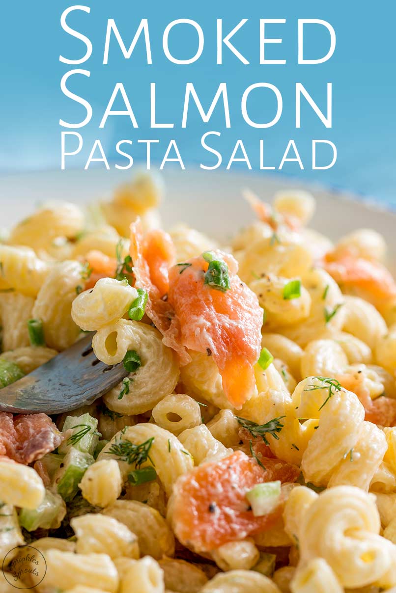 close up on a fork of pasta salad with text at the top