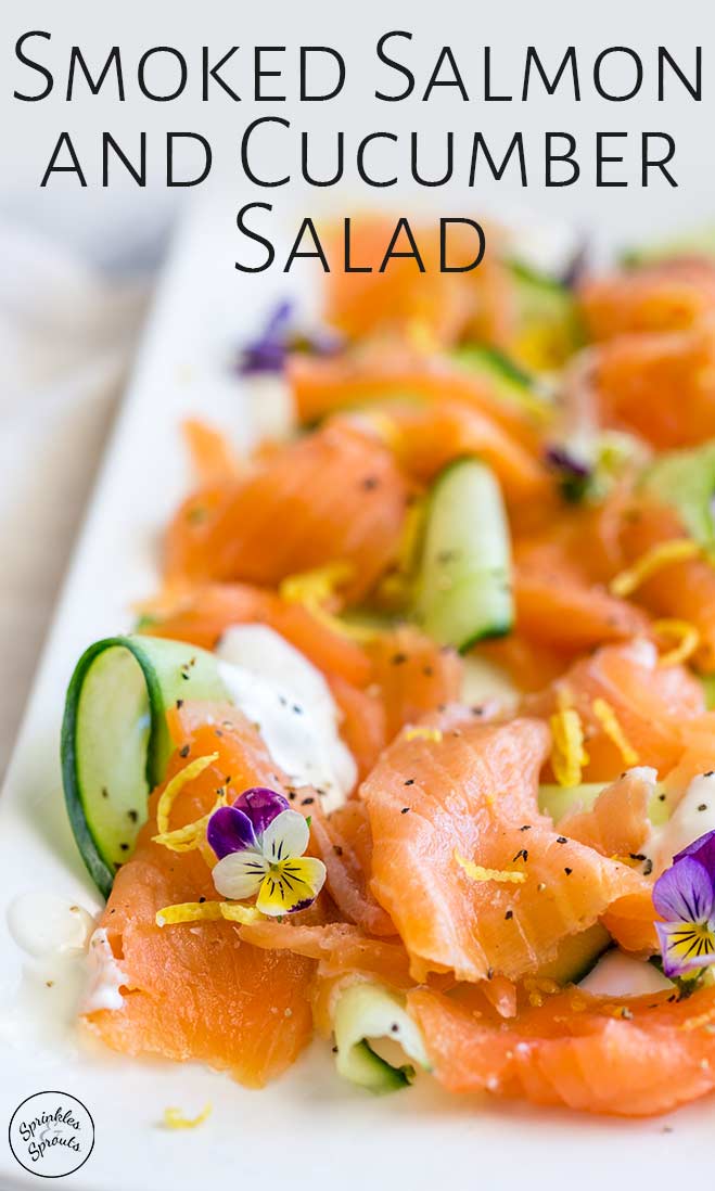 close up on the smoked salmon salad with text at the top