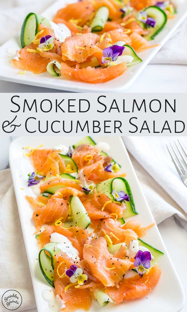two pictures of smoked salmon salad with text in the middle