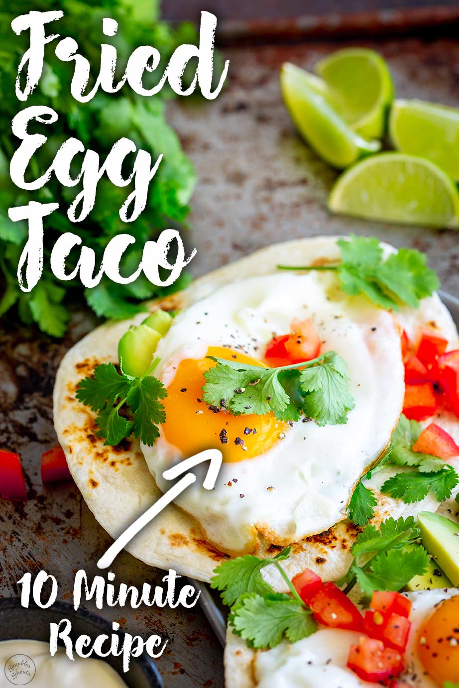 overhead view of an egg taco with text at the top