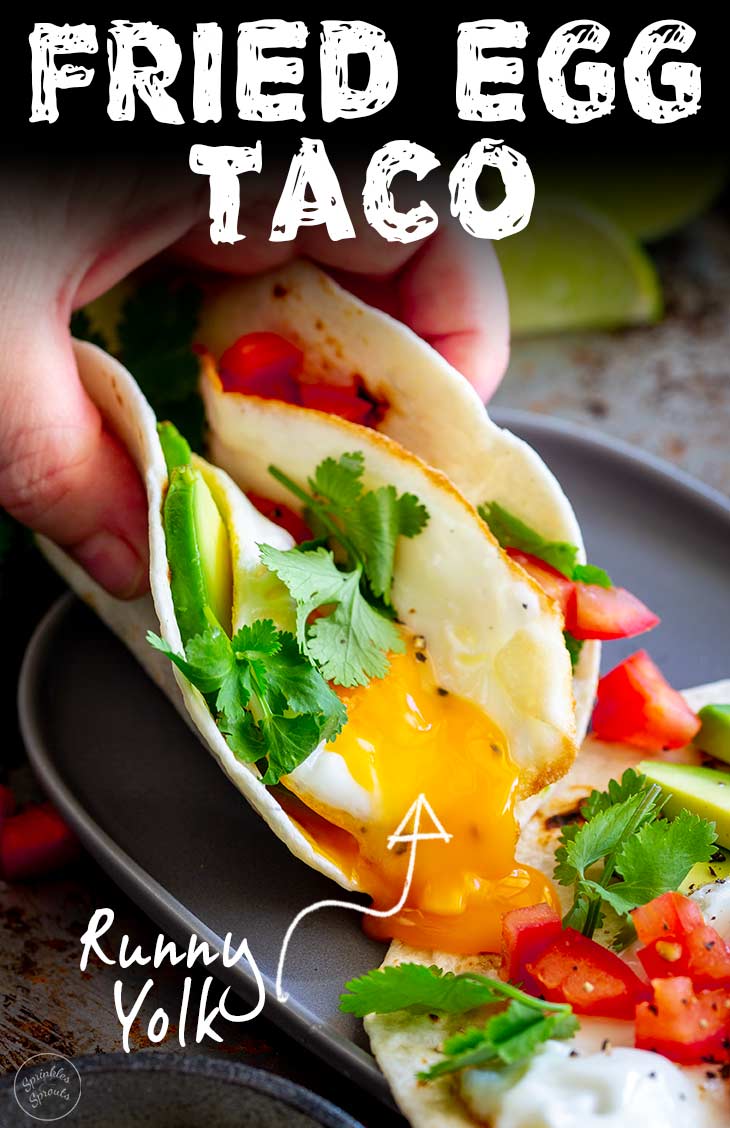 A hand picking up a egg taco with text at the top