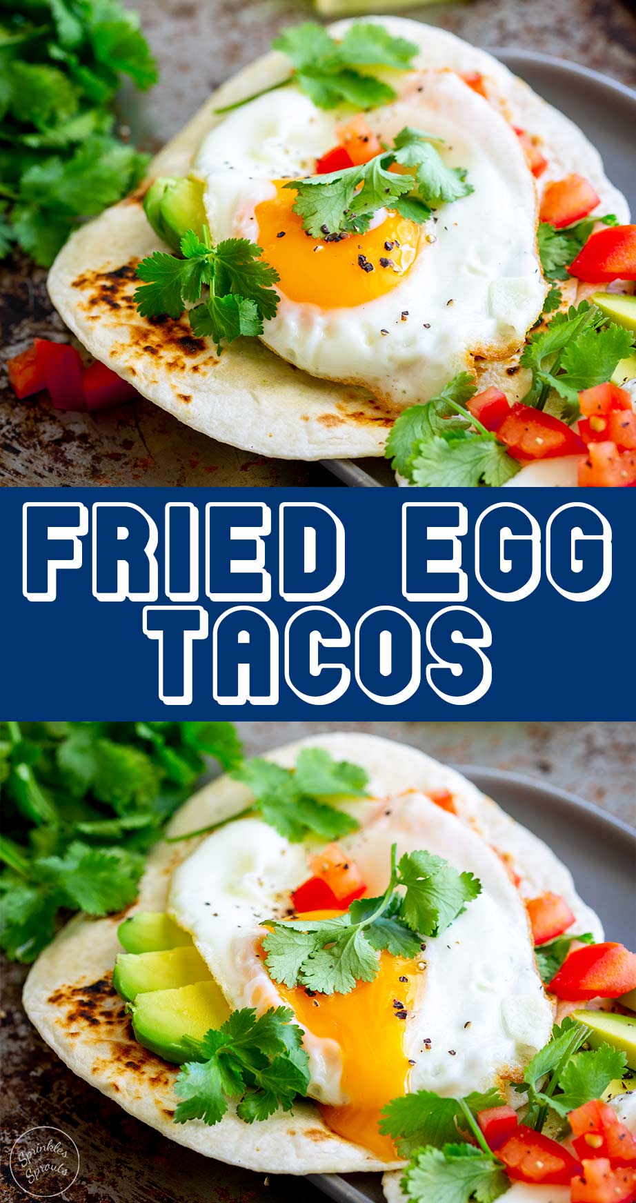 two pictures of open egg tacos with text in the middle