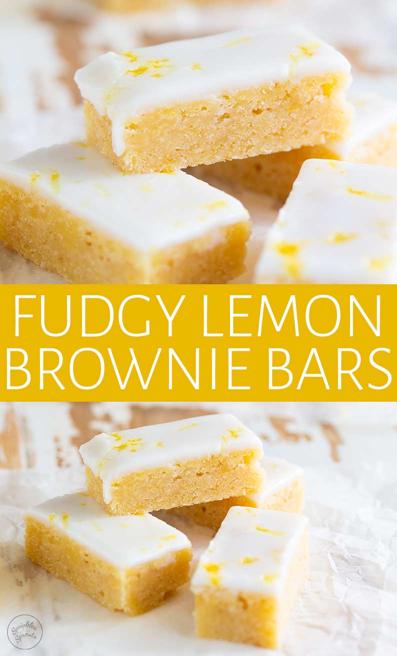 two pictures of lemon brownies with text in the middle