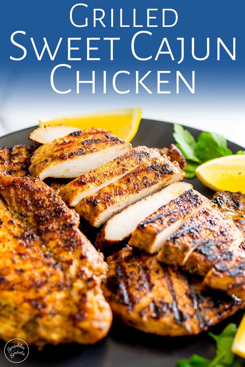 sliced cajun chicken with text at the top