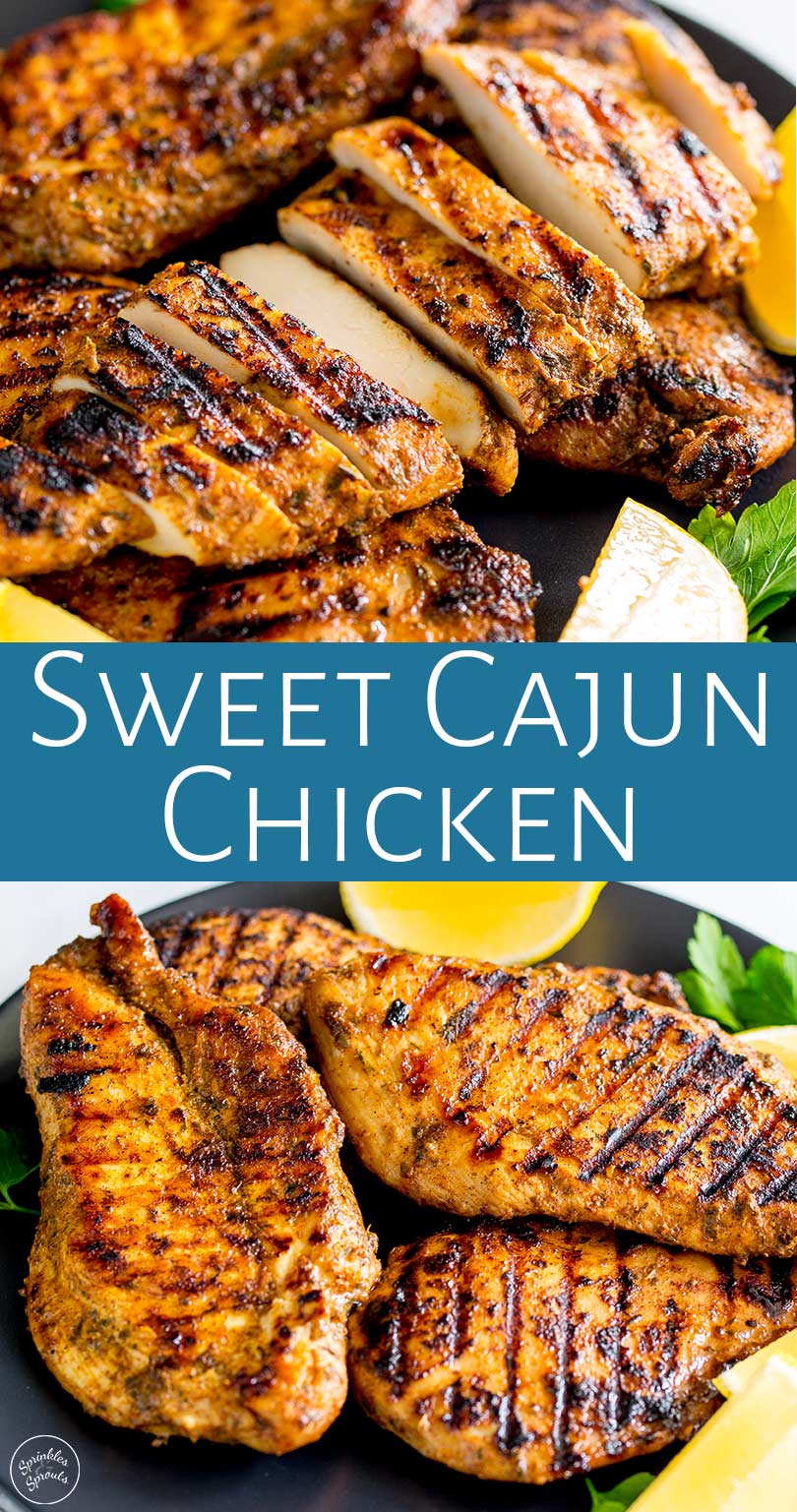 two pictures of cajun chicken with text in a teal box