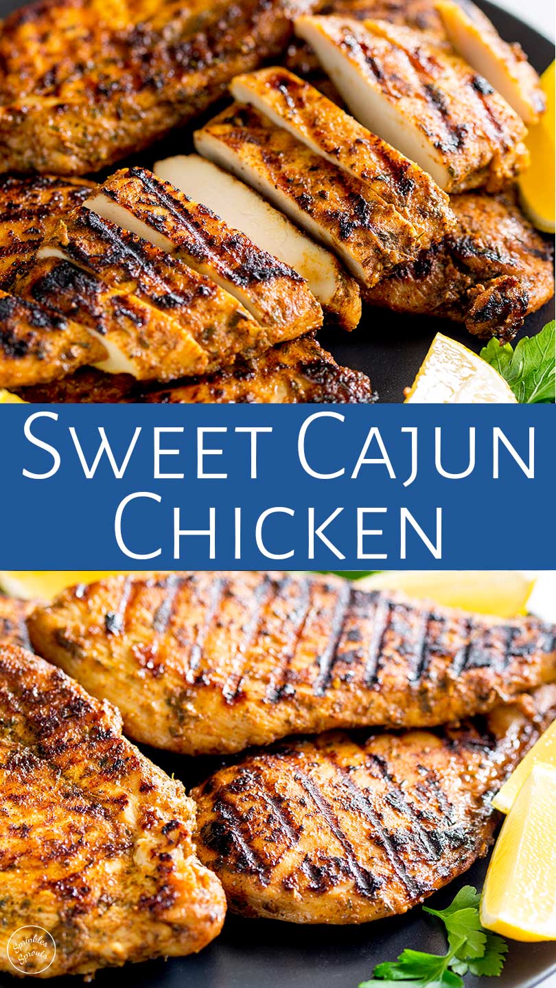 two pictures of cajun chicken with text in a blue box