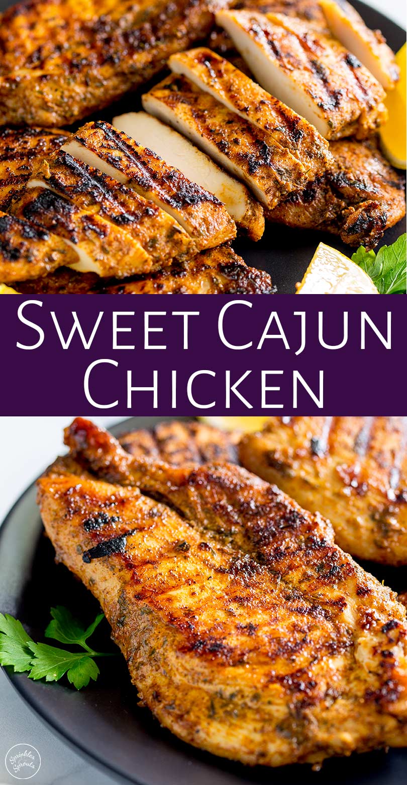 two pictures of cajun chicken with text in a purple box