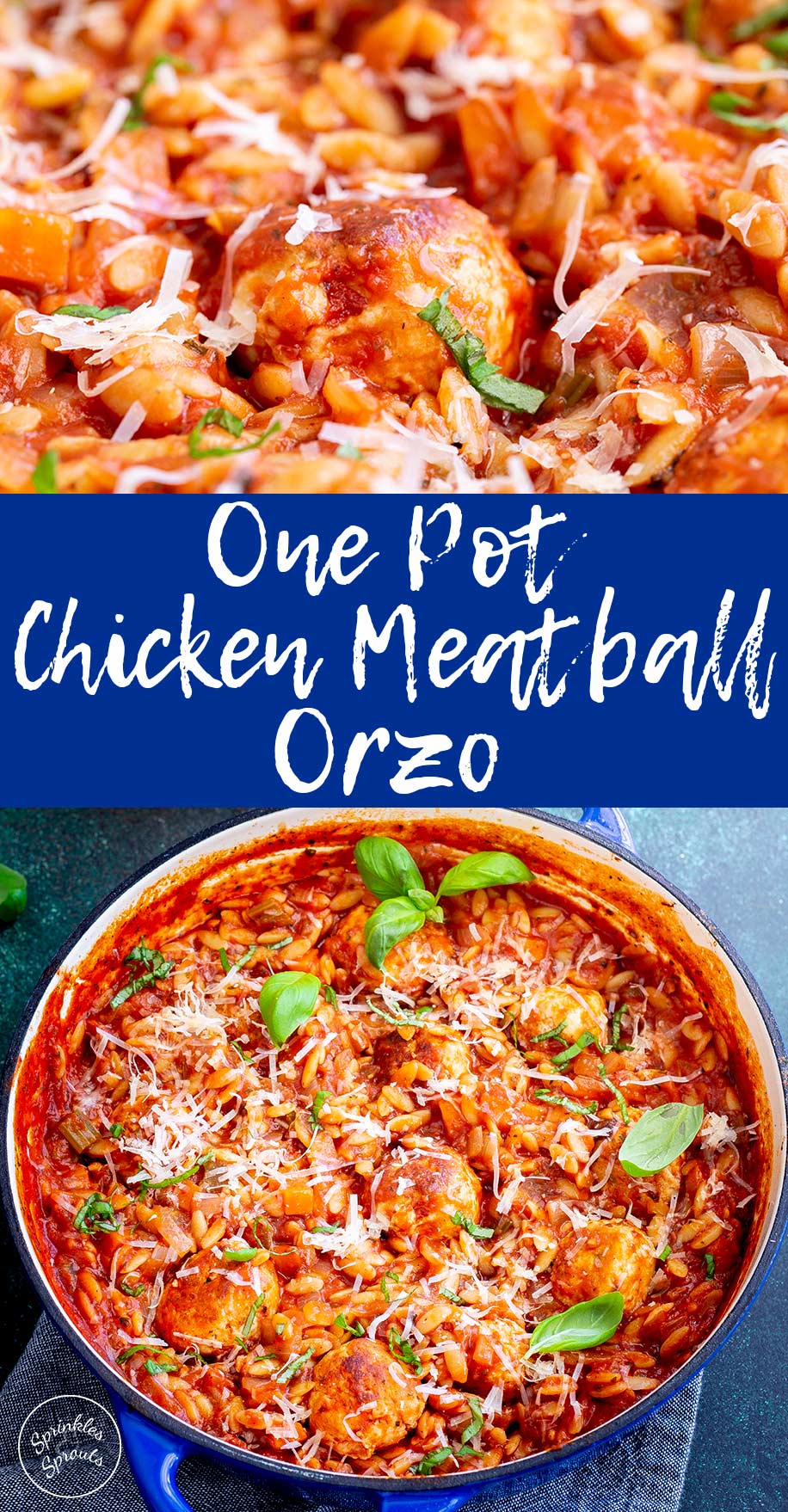 two pictures of meatball orzo with text in the middle