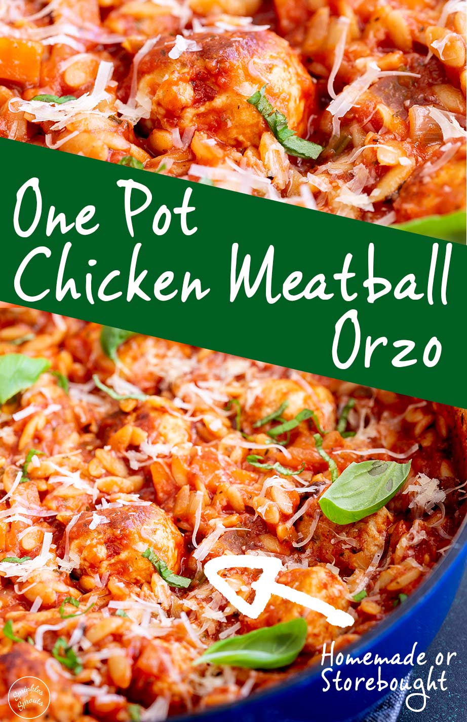 two pictures of meatball orzo with text in the middle