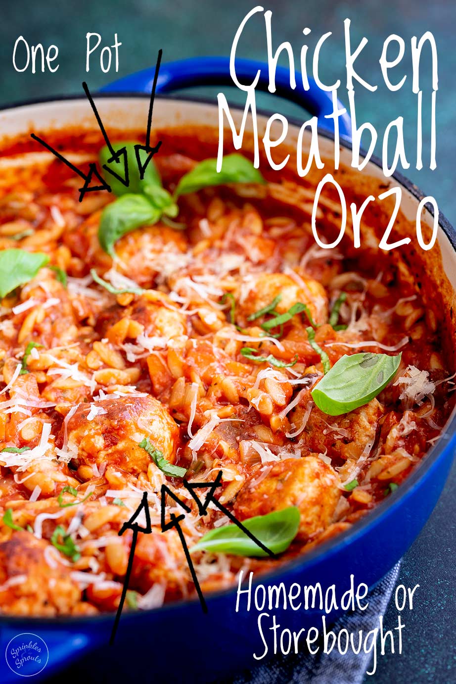 meatball orzo with text in the top right