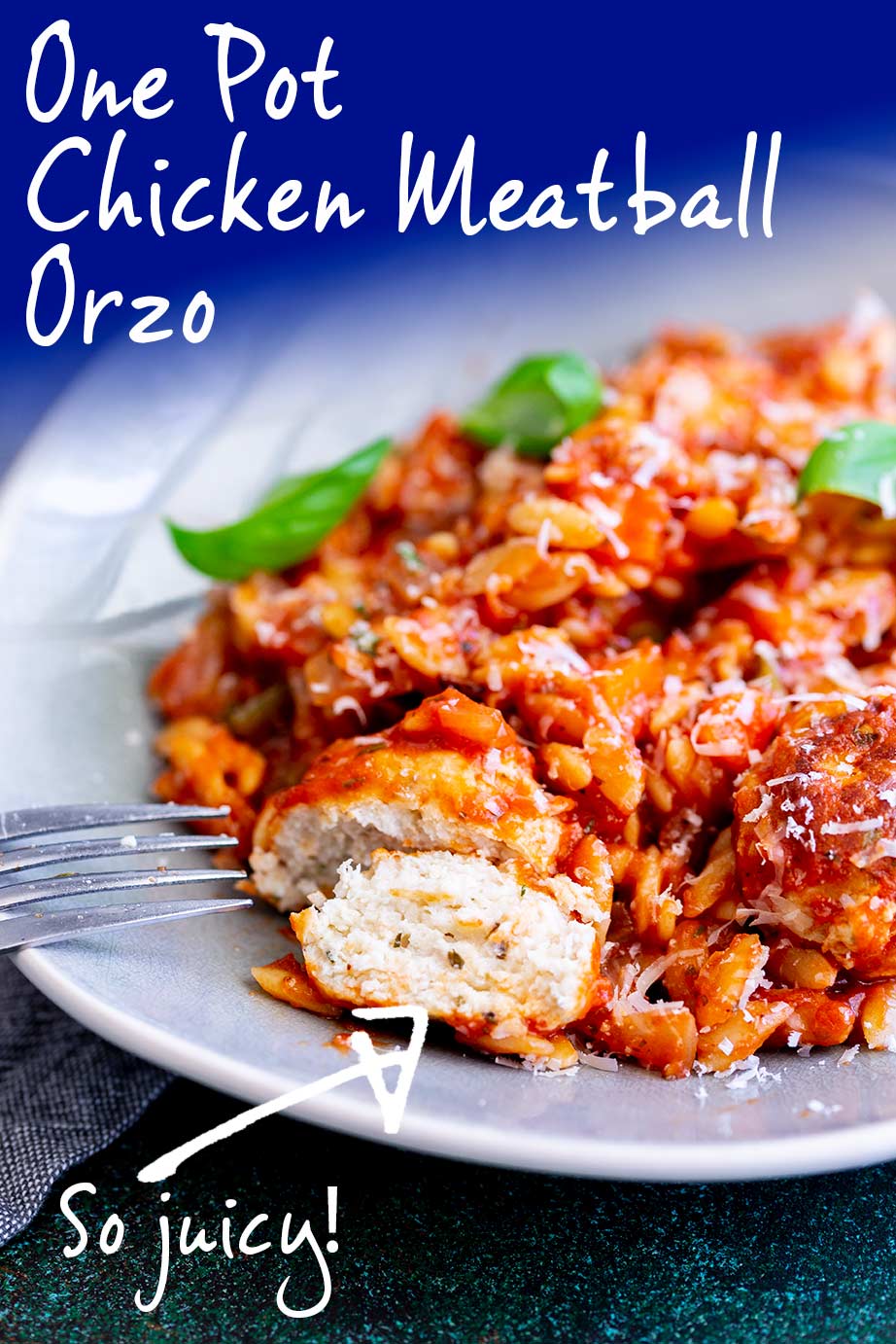 meatball orzo on a plate with text at the top