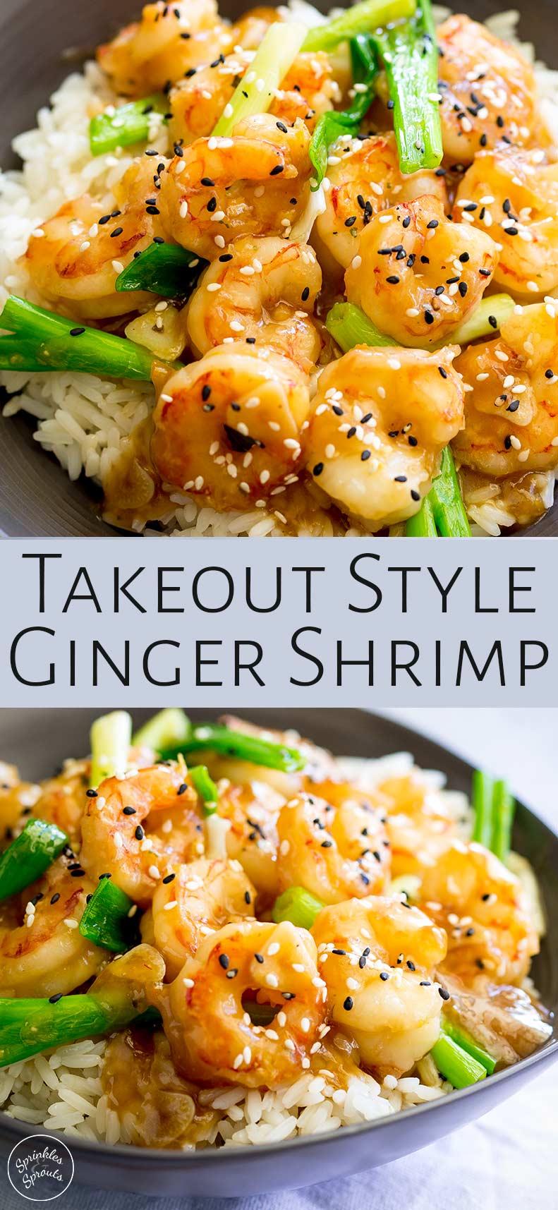 two pictures of ginger shrimp with text in the middle