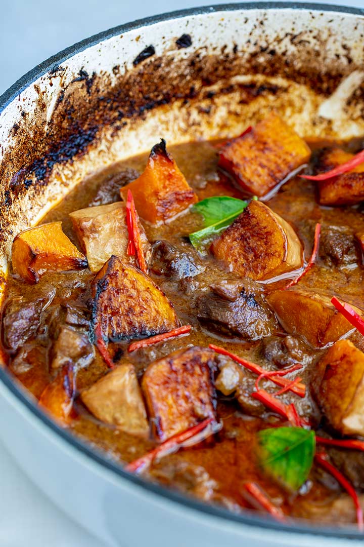 Beef Massaman Curry in a shallow casserole dish