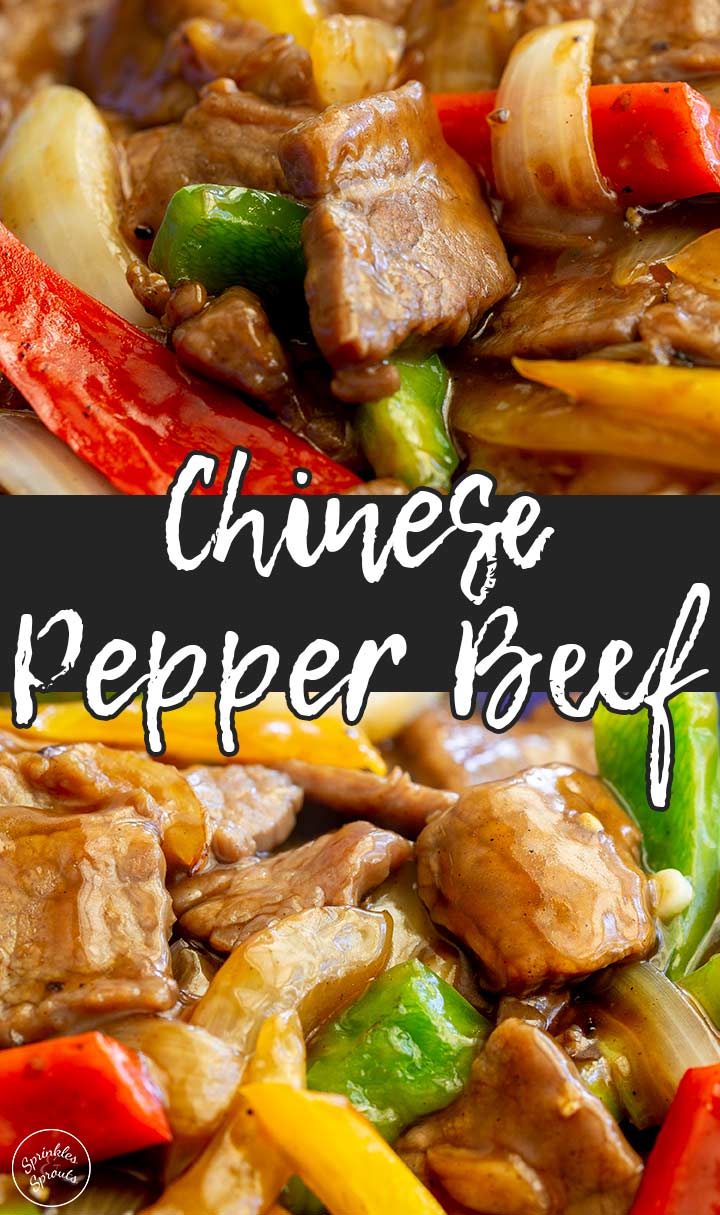 Two pictures of Chinese pepper beef with text in the middle
