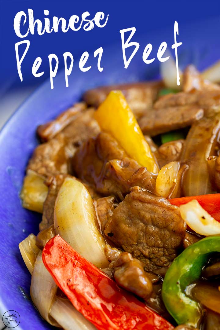 Close up of pepper beef stir fry with text at the top