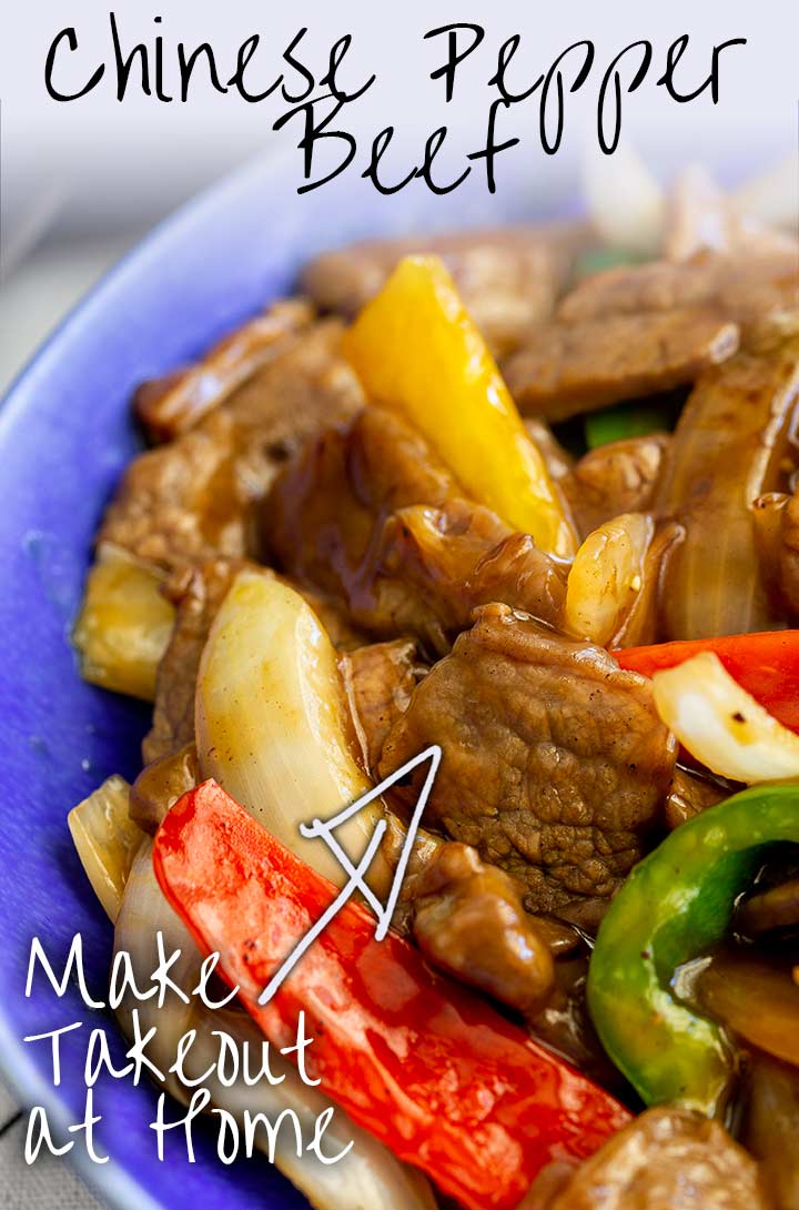 Close up of pepper beef stir fry with text at the top and bottom
