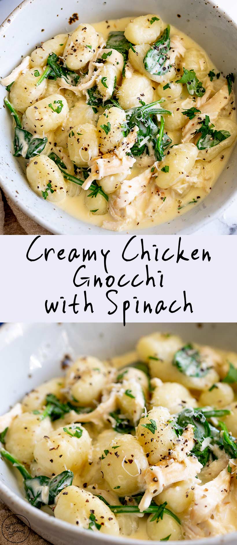 two photos of a rustic bowl of creamy gnocchi with text in the middle