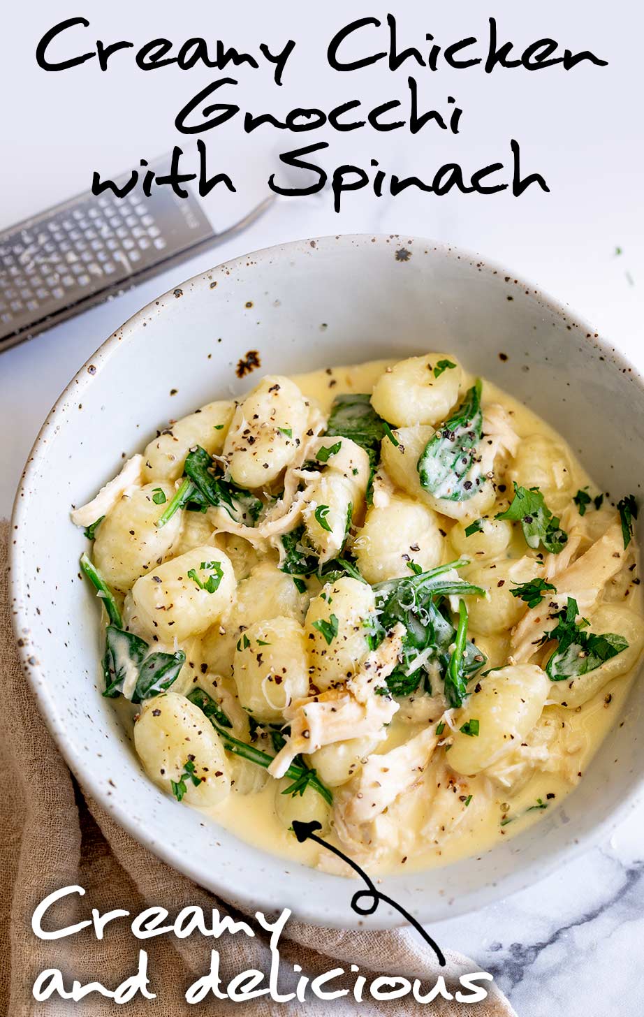 A rustic bowl filled with creamy chicken gnocchi