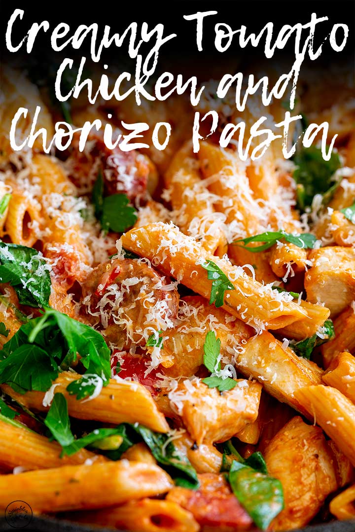 chicken chorizo pasta with text at the top
