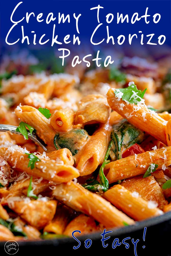 chicken chorizo pasta with text at the top and bottom