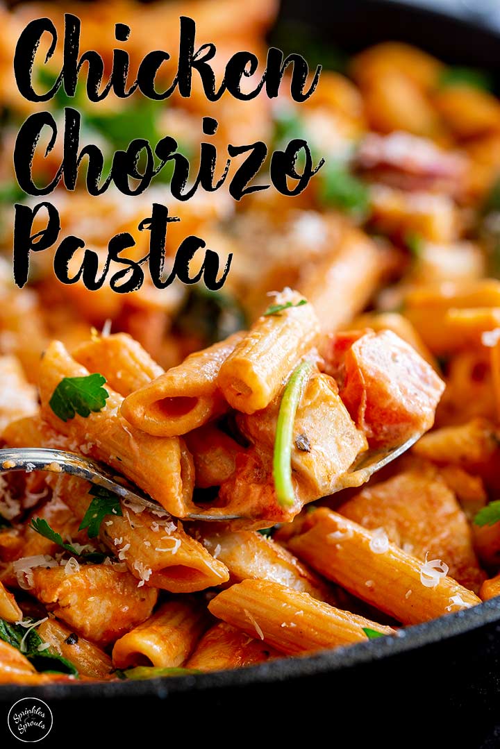 chicken chorizo pasta with text in the top left