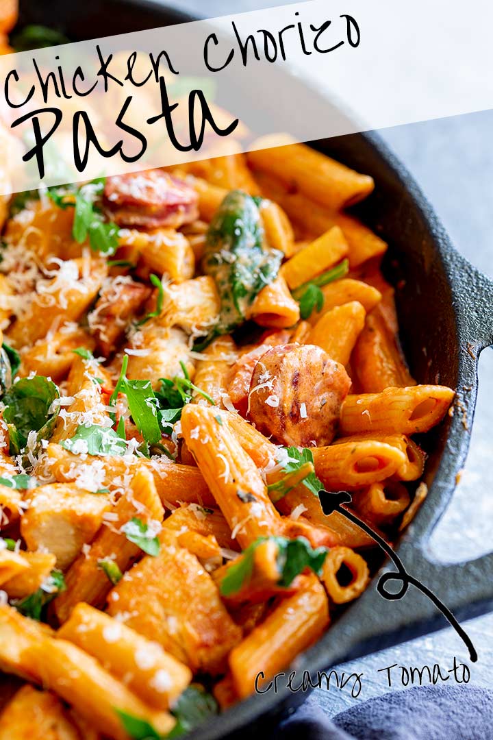 chicken chorizo pasta with text at the top and bottom