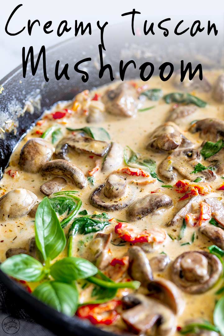 Skillet of tuscan mushrooms with text at the top