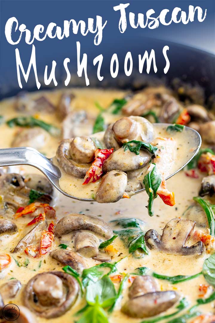 Spoonful of creamy mushrooms with text at the top