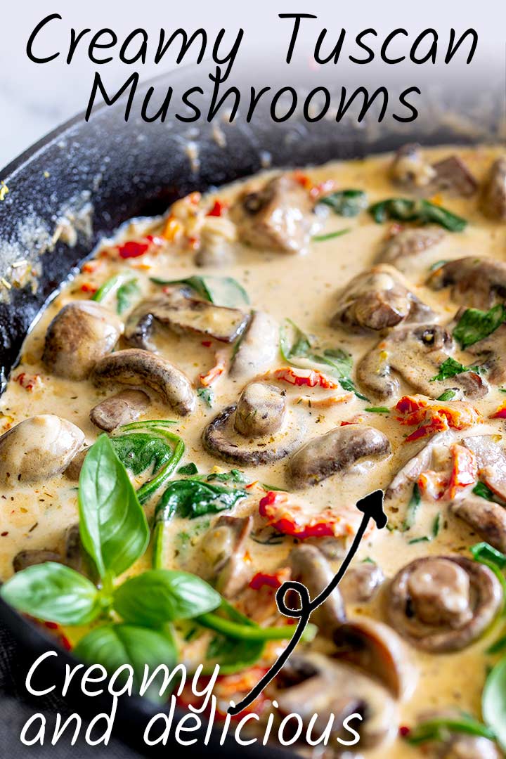 Skillet of tuscan mushrooms with text at the top and bottom