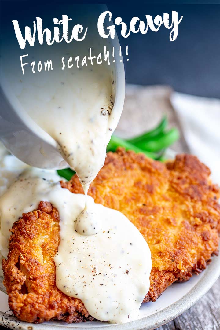Crispy chicken and white gravy with text at the top