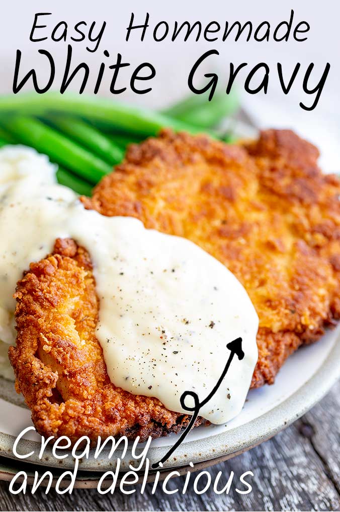 Crispy chicken and white gravy with text at the top and bottom
