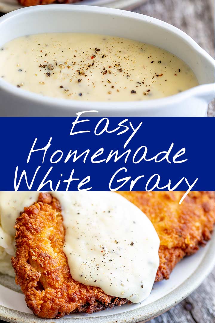 Crispy chicken and white gravy pictures with text in the middle