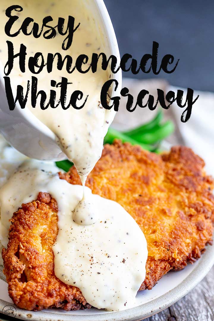 Crispy chicken and white gravy with text at the top