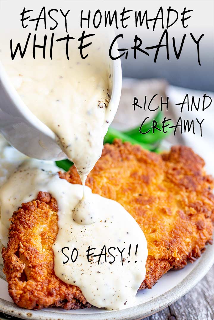 Crispy chicken and white gravy with text at the top and bottom
