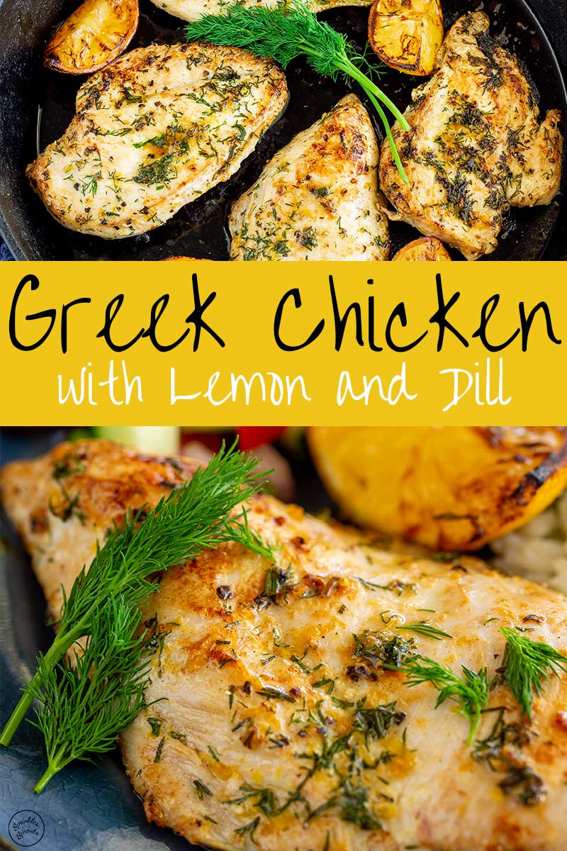 Two pictures of cooked greek chicken with text in the middle