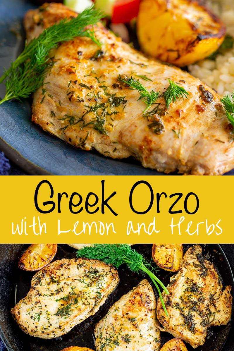 Two pictures of cooked greek chicken with text in the middle
