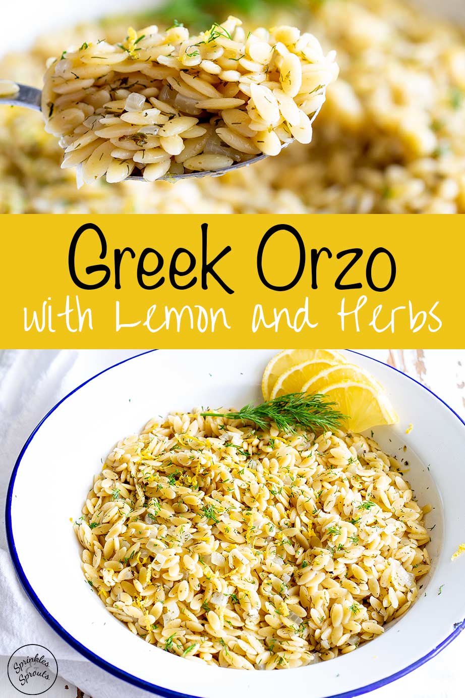Two pictures of orzo with text in the middle
