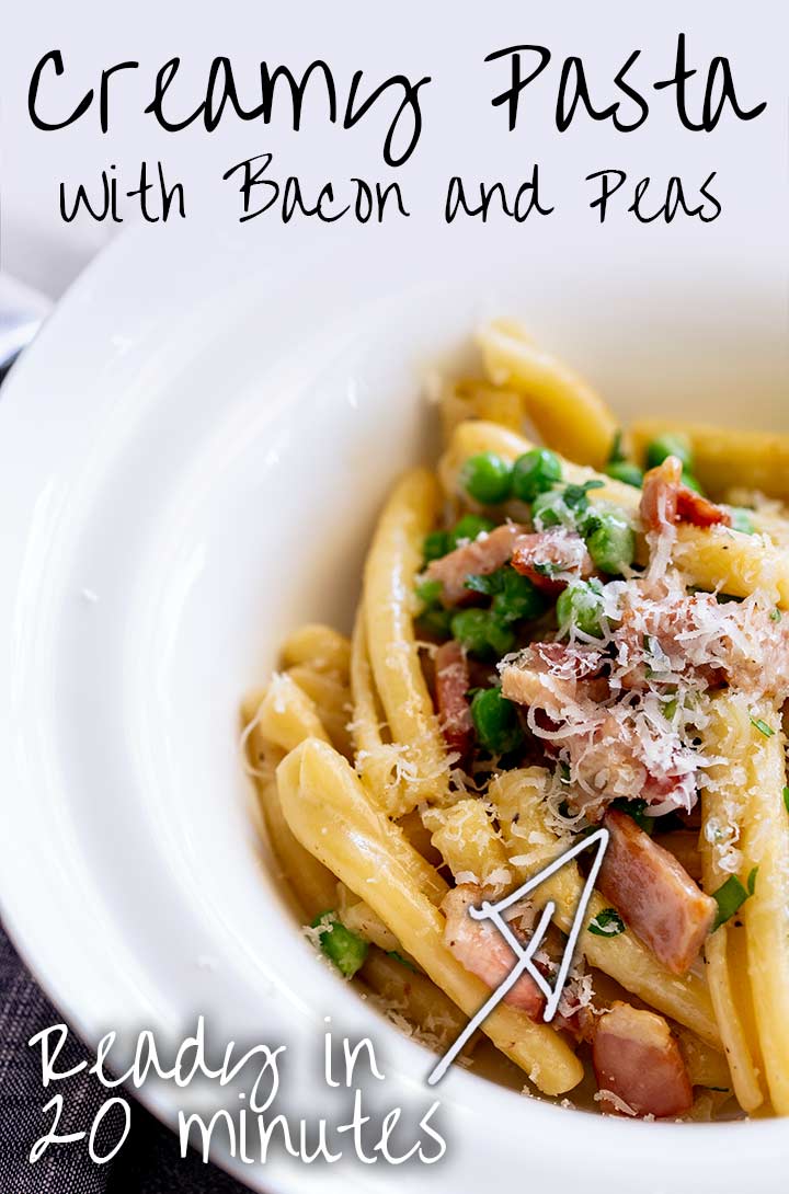 Pinterest image - creamy bacon pasta with text at the top and bottom