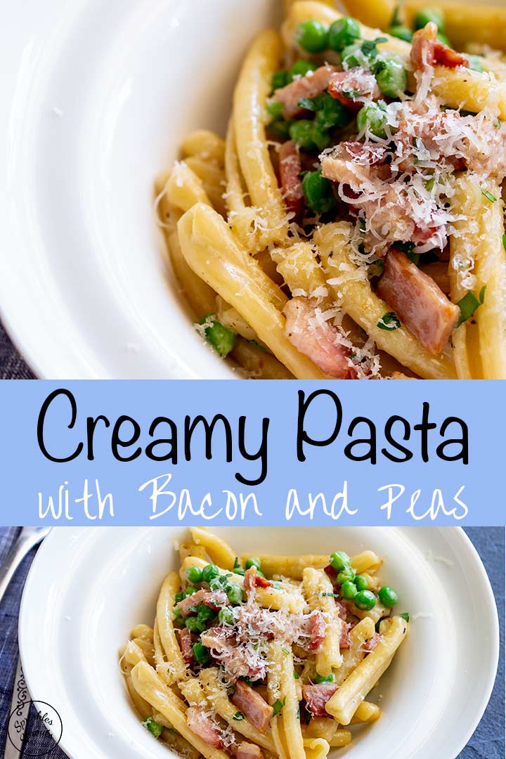 Pinterest image - creamy bacon pasta with text in the middle