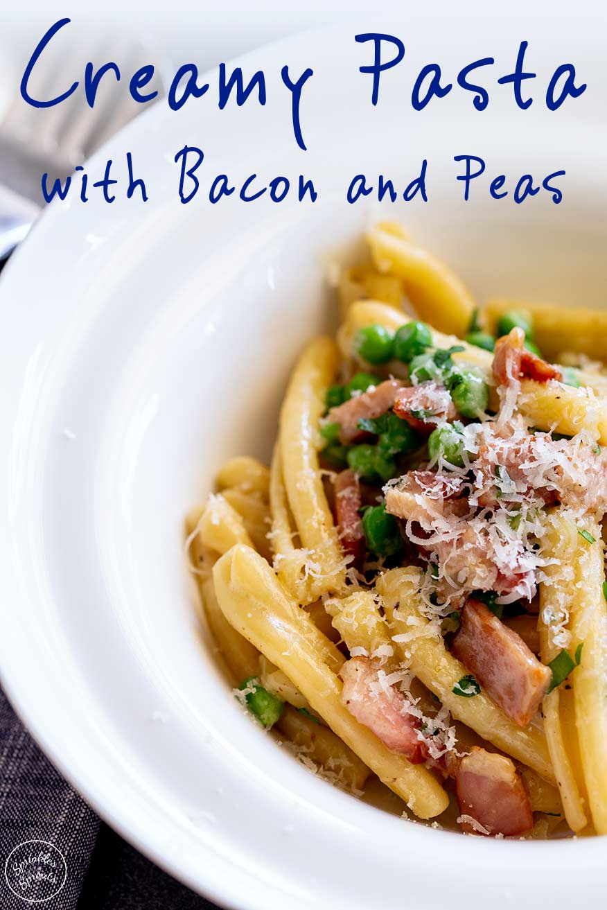 Pinterest image - creamy bacon pasta with text at the top
