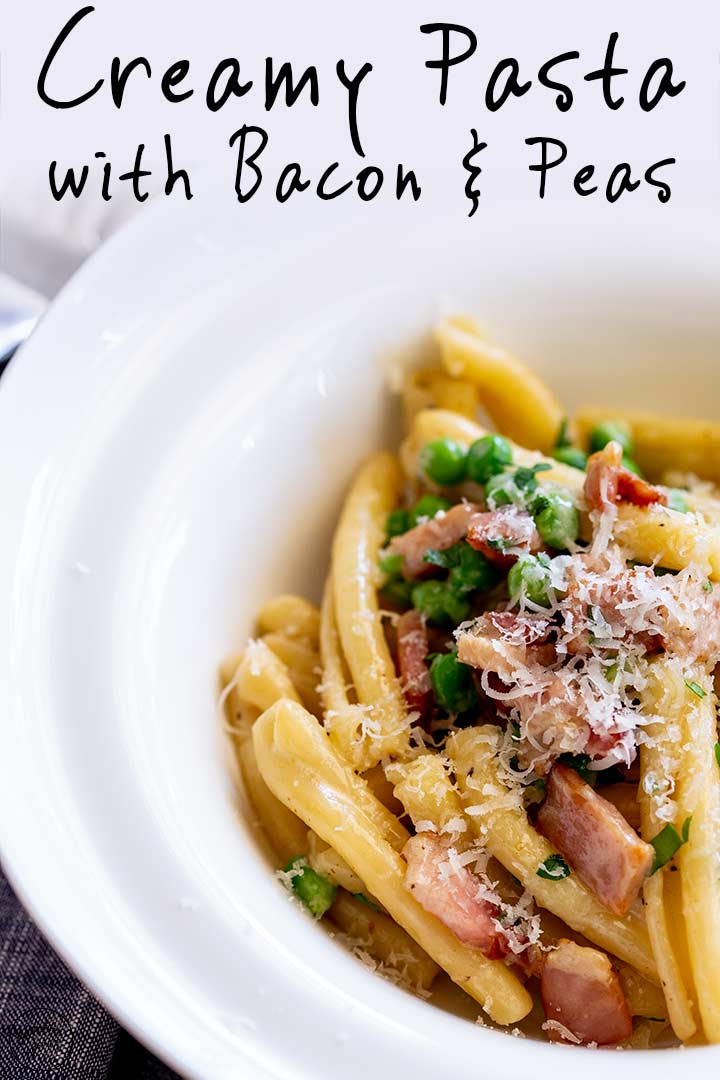 Pinterest image - creamy bacon pasta with text at the top