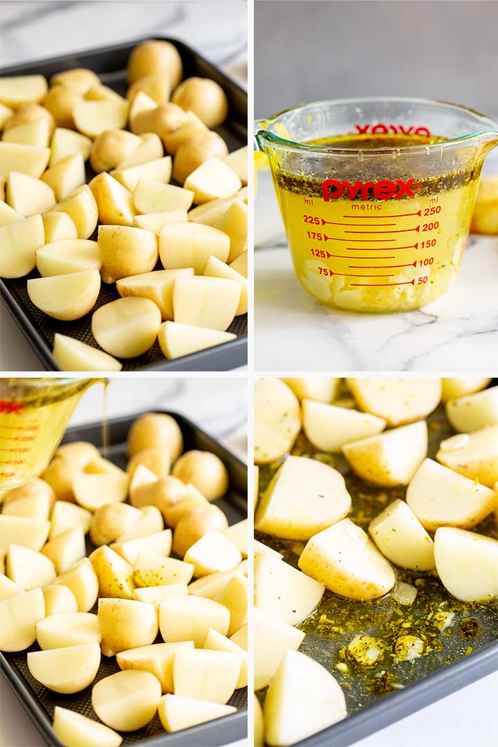 4 pictures slowing the preparation stages of the roasted greek lemon potatoes