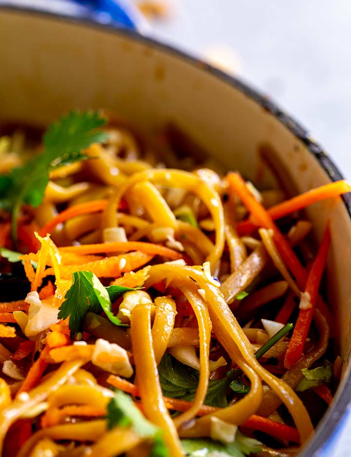 close up on the glossy Thai noodles